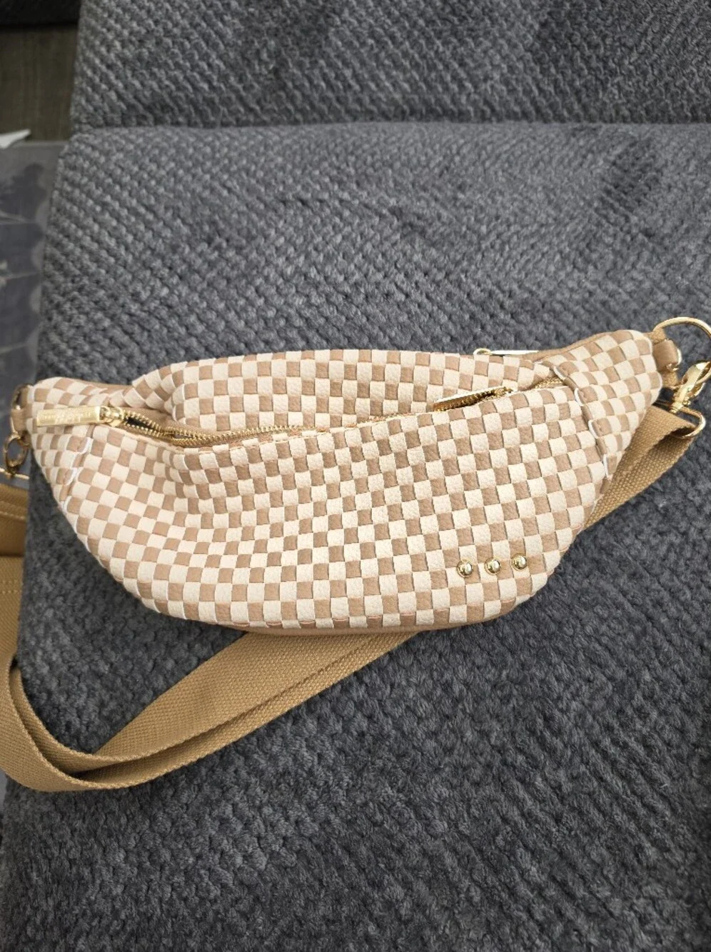 Beige Woven Checkered Crossbody Satchel with Gold Hardware